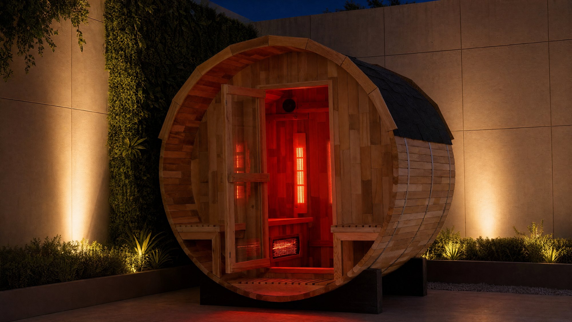 The Barrel Infrared cedar sauna at night, two person size, panels lit