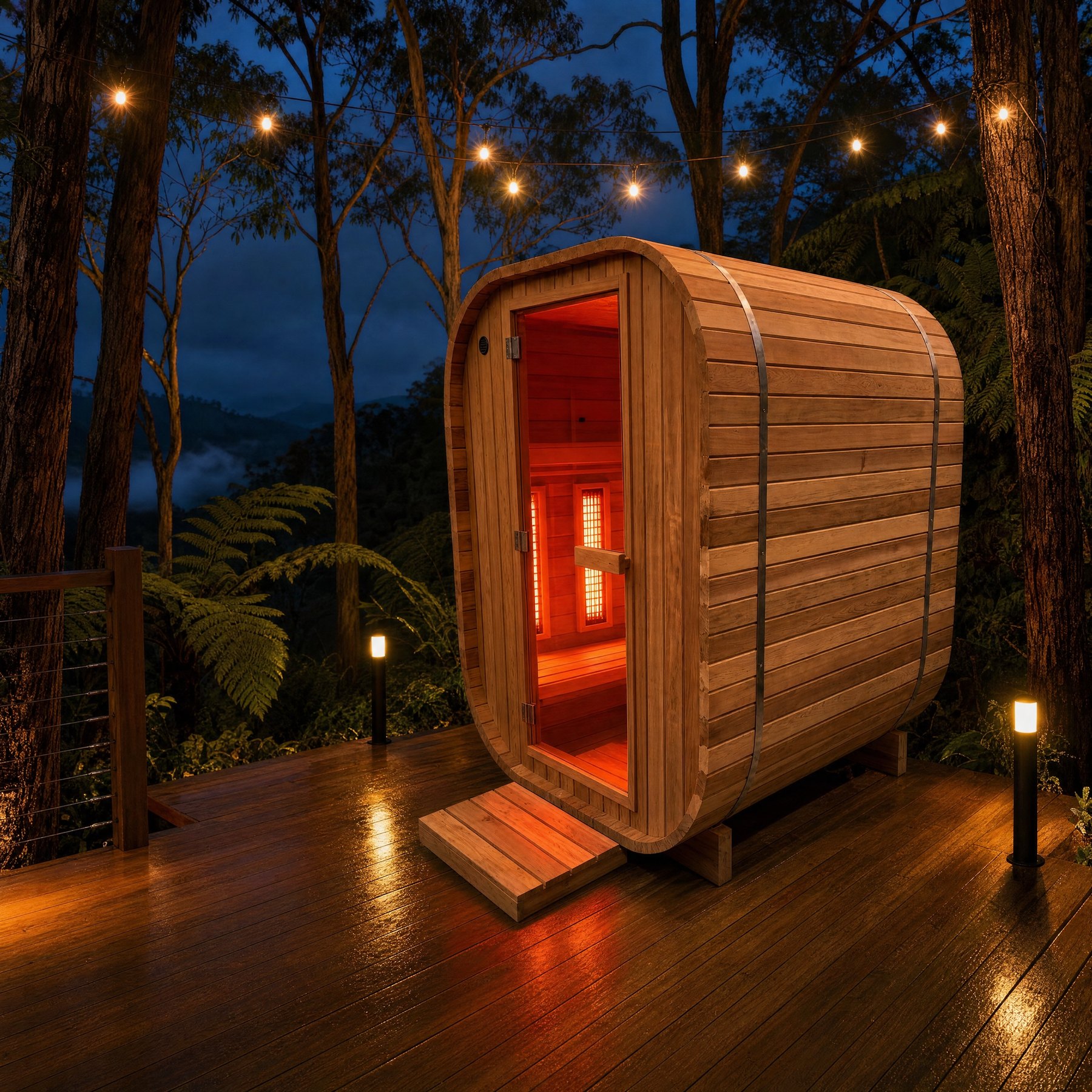 The Cube Infrared cedar sauna at night, two person size, panels lit