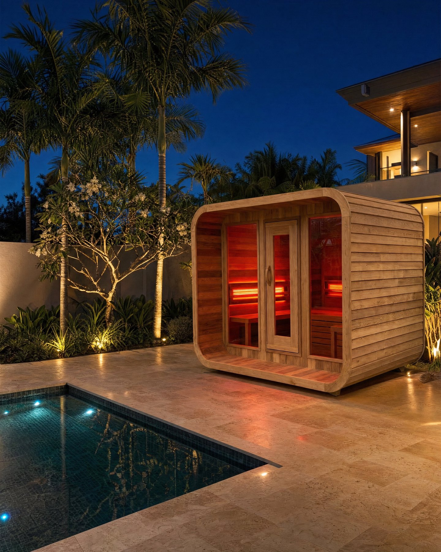 The Cube Infrared cedar sauna at night, four person size, panels lit